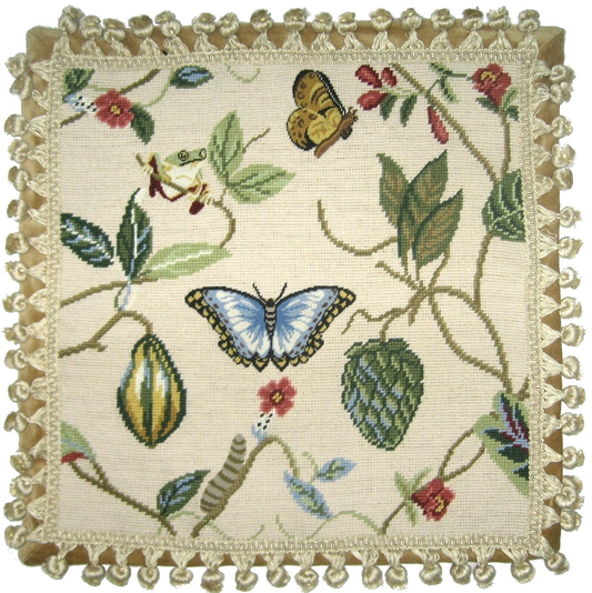 Needlepoint Hand-Embroidered Wool Throw Pillow Exquisite Home Designs  with butterfly,caterpillar,frog,melon, strawberry tassels