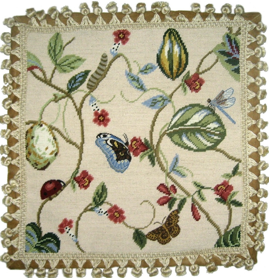 Needlepoint Hand-Embroidered Wool Throw Pillow Exquisite Home Designs  with butterfly,caterpillar,dragonfly,ladybug melons tassels