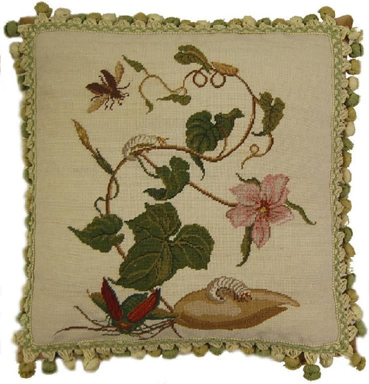 Needlepoint Hand-Embroidered Wool Throw Pillow Exquisite Home Designs  Morning glory grasshopper, bee, caterpillars 1 pink flower with tassels