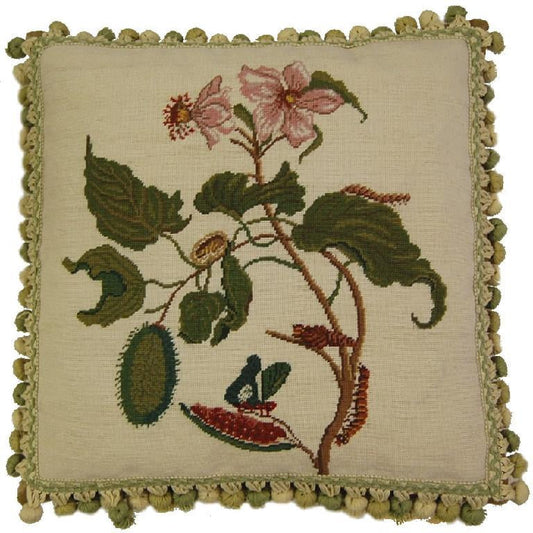 Needlepoint Hand-Embroidered Wool Throw Pillow Exquisite Home Designs  Morning glory butterfly, caterpillars, 2 pink flowers with tassels