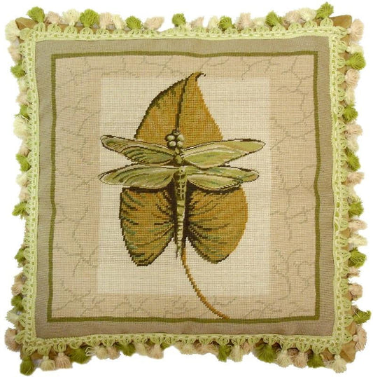 Needlepoint Hand-Embroidered Wool Throw Pillow Exquisite Home Designs dragonfly background 2 color tassel
