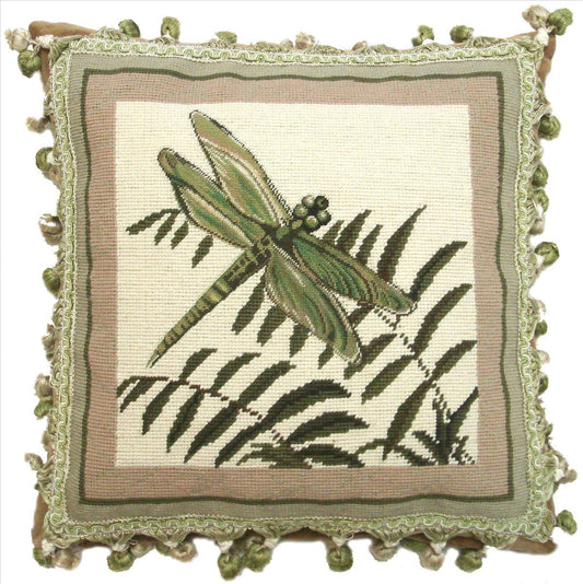 Needlepoint Hand-Embroidered Wool Throw Pillow Exquisite Home Designs dragonfly green fern with tassels