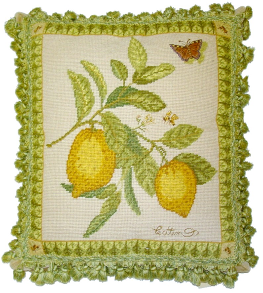 Needlepoint Hand-Embroidered Wool Throw Pillow Exquisite Home Designs  butterfly lemon 2 color tassel