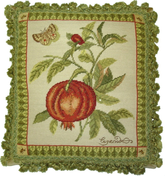 Needlepoint Hand-Embroidered Wool Throw Pillow Exquisite Home Designs  butterfly gross point Pomegranate with 2 color tassel