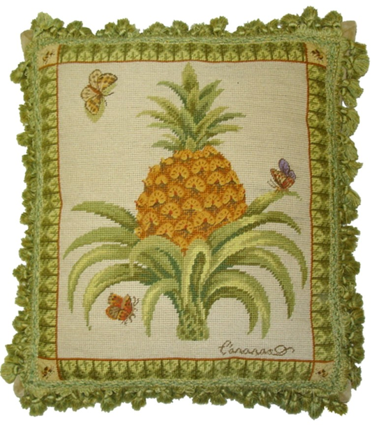 Needlepoint Hand-Embroidered Wool Throw Pillow Exquisite Home Designs  Pineapple & butterfly back 2 color tassel