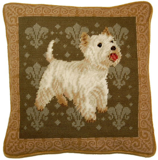 Needlepoint Hand-Embroidered Wool Throw Pillow Exquisite Home Designs on Westies eyes & nose rest grosspoint