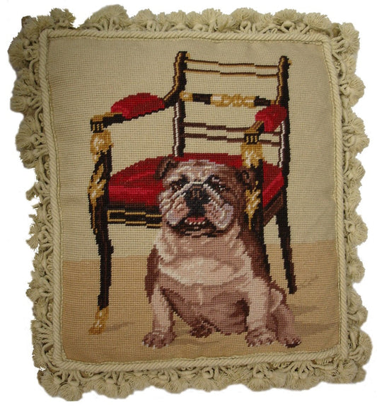 Needlepoint Hand-Embroidered Wool Throw Pillow Exquisite Home Designs bull dog
