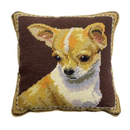 Needlepoint Hand-Embroidered Wool Throw Pillow Exquisite Home Designs with   Chihuahua brown background