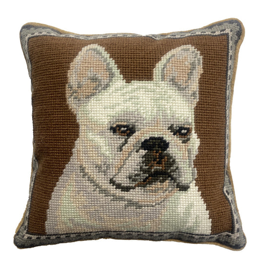 Needlepoint Hand-Embroidered Wool Throw Pillow Exquisite Home Designs with  on  white French Bulldog brown background