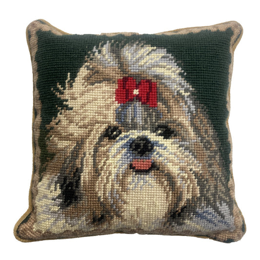 Needlepoint Hand-Embroidered Wool Throw Pillow Exquisite Home Designs with   brown ShihTzu red hair tie huntingGreen background