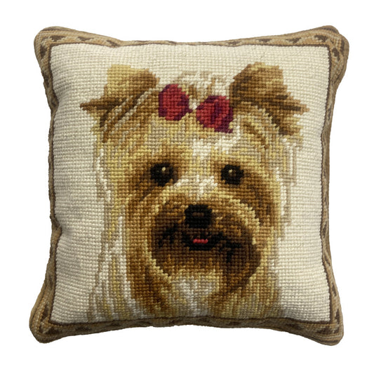 Needlepoint Hand-Embroidered Wool Throw Pillow Exquisite Home Designs GrosspointGolden Yorkie red hair tie nature background