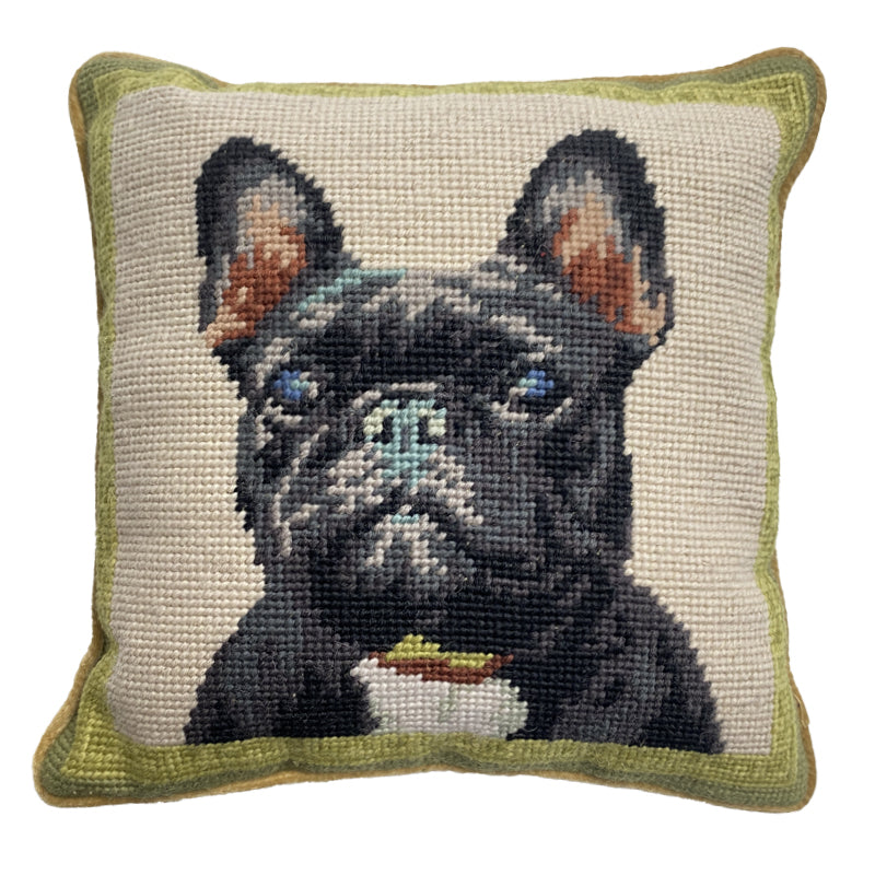 Needlepoint Hand-Embroidered Wool Throw Pillow Exquisite Home Designs with   black Boston Terie light background