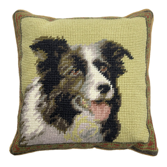 Needlepoint Hand-Embroidered Wool Throw Pillow Exquisite Home Designs Mud dog with lightGreen background