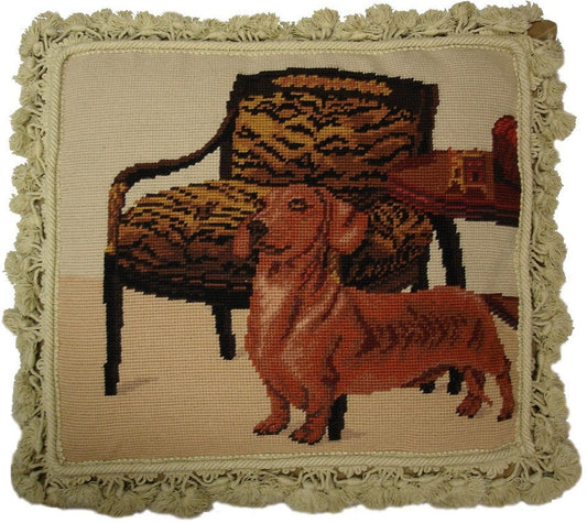 Needlepoint Hand-Embroidered Wool Throw Pillow Exquisite Home Designs Dachshund