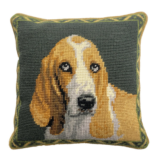 Needlepoint Hand-Embroidered Wool Throw Pillow Exquisite Home Designs BessetHound huntingGreen background