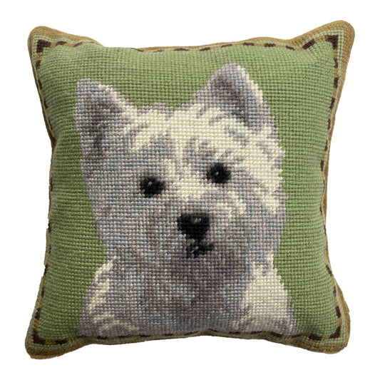 Needlepoint Hand-Embroidered Wool Throw Pillow Exquisite Home Designs Westie lightGreen background