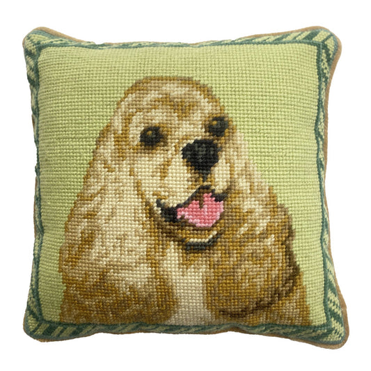 Needlepoint Hand-Embroidered Wool Throw Pillow Exquisite Home Designs yellow King Charles Spaniel lightGreen background