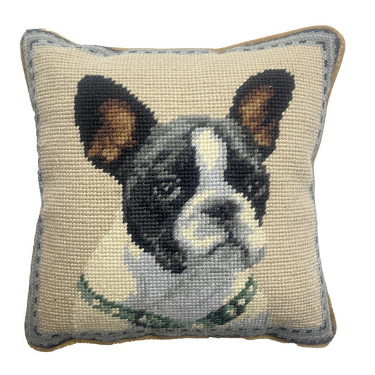 Needlepoint Hand-Embroidered Wool Throw Pillow Exquisite Home Designs English Bull dog nature background