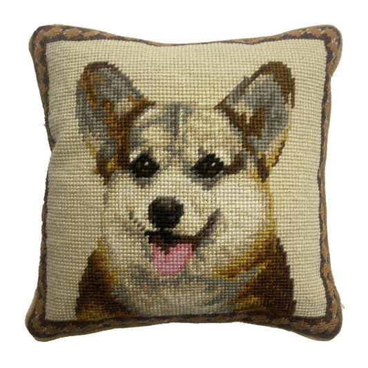 Needlepoint Hand-Embroidered Wool Throw Pillow Exquisite Home Designs Shikoku dog in nature background