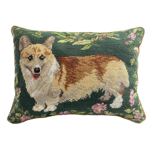 Needlepoint Hand-Embroidered Wool Throw Pillow Exquisite Home DesignsCorgi