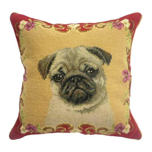 Needlepoint Hand-Embroidered Wool Throw Pillow Exquisite Home DesignsPug