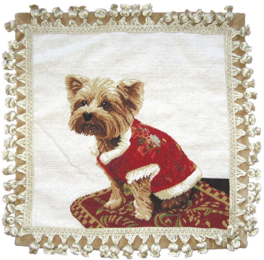Needlepoint Hand-Embroidered Wool Throw Pillow Exquisite Home Designs  Yorkie in red dress with tassels