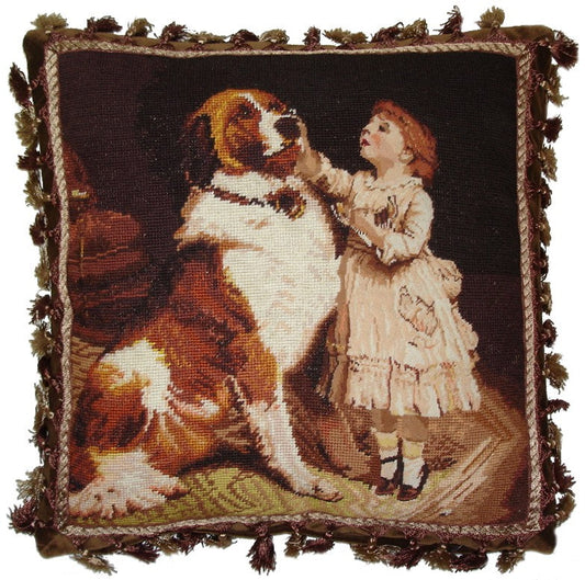 Needlepoint Hand-Embroidered Wool Throw Pillow Exquisite Home Designs dog & girl brown tassels