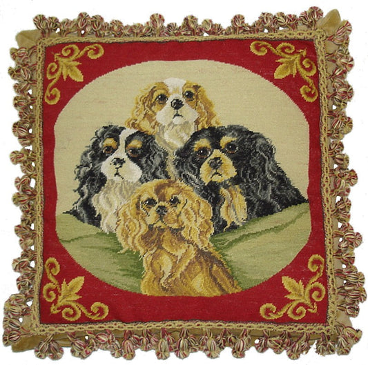 Needlepoint Hand-Embroidered Wool Throw Pillow Exquisite Home Designs  4 king Charles Spennel with tassel
