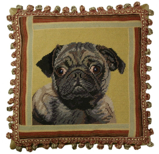 Needlepoint Hand-Embroidered Wool Throw Pillow Exquisite Home Designs black pug with 3 color tassel