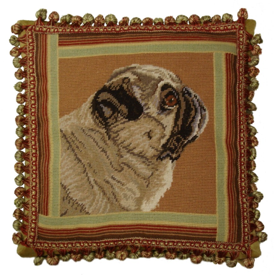 Needlepoint Hand-Embroidered Wool Throw Pillow Exquisite Home Designs brown pug with 3 color tassel