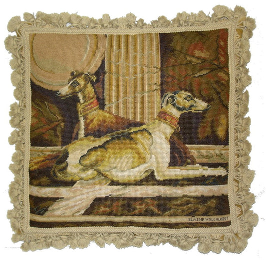 Needlepoint Hand-Embroidered Wool Throw Pillow Exquisite Home DesignsElaine Vollherbsts Design gross point Greyhound Fresco with tassels