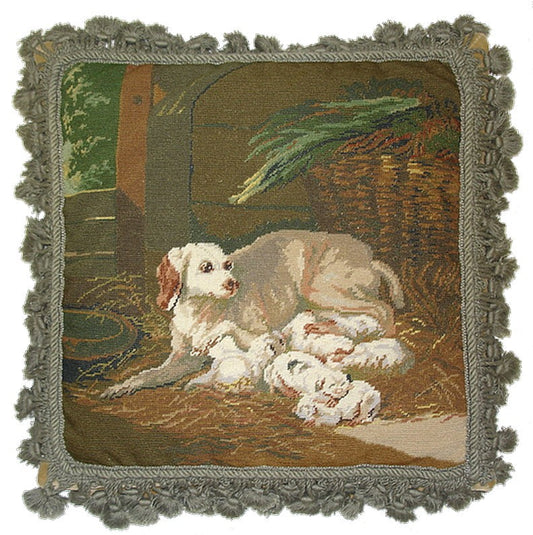Needlepoint Hand-Embroidered Wool Throw Pillow Exquisite Home Designs dog mom with puppies background with tassel
