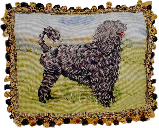 Needlepoint Hand-Embroidered Wool Throw Pillow Exquisite Home Designs on WaterSpaniels head others 2 color tassels