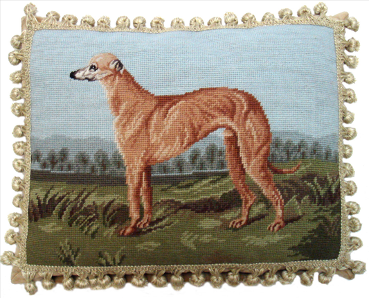 Needlepoint Hand-Embroidered Wool Throw Pillow Exquisite Home Designs  Greyhound with tassels