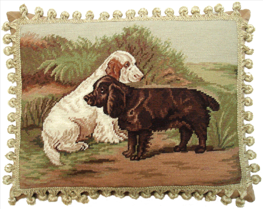 Needlepoint Hand-Embroidered Wool Throw Pillow Exquisite Home Designs Field Spaniels with tassels