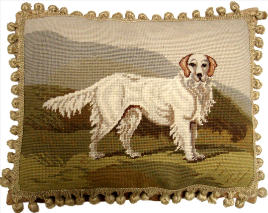 Needlepoint Hand-Embroidered Wool Throw Pillow Exquisite Home Designs white English Setter with tassels
