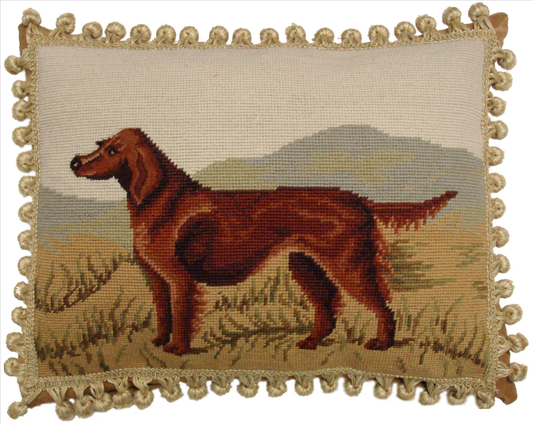 Needlepoint Hand-Embroidered Wool Throw Pillow Exquisite Home Designs brown Irish Setter with tassels