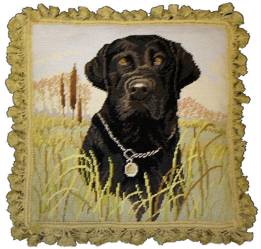 Needlepoint Hand-Embroidered Wool Throw Pillow Exquisite Home Designs black lab with tassel