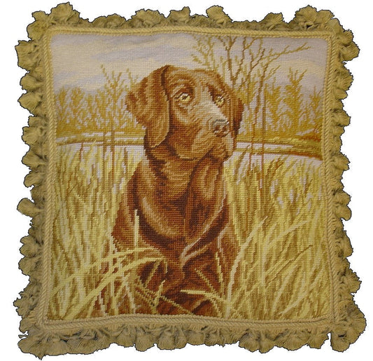 Needlepoint Hand-Embroidered Wool Throw Pillow Exquisite Home Designs brown lab with tassel