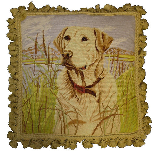Needlepoint Hand-Embroidered Wool Throw Pillow Exquisite Home Designs yellow lab with tassel