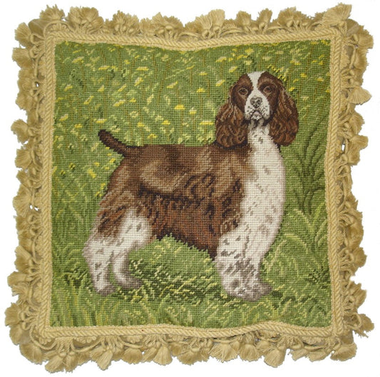 Needlepoint Hand-Embroidered Wool Throw Pillow Exquisite Home Designs Cocker Spaniel with tassels