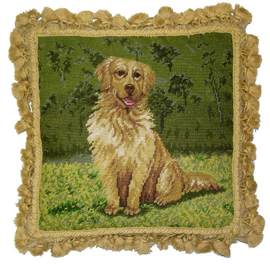 Needlepoint Hand-Embroidered Wool Throw Pillow Exquisite Home Designs Golden Retrieve with tassels