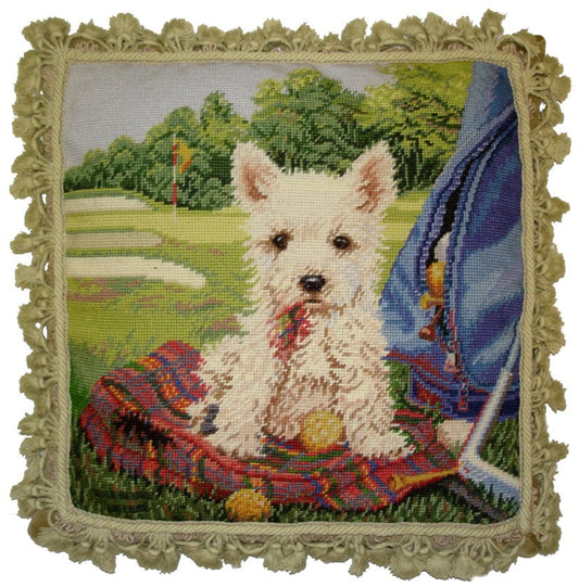 Needlepoint Hand-Embroidered Wool Throw Pillow Exquisite Home Designs Jim Lambs designHole in One, &