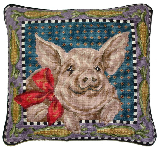 Needlepoint Hand-Embroidered Wool Throw Pillow Exquisite Home Designs pig around by corn