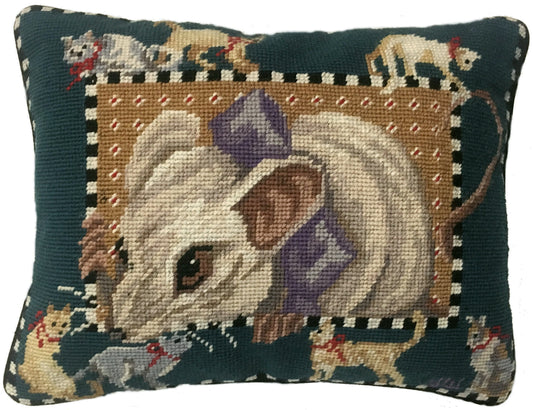 Needlepoint Hand-Embroidered Wool Throw Pillow Exquisite Home Designs mouse surrounded by cats & dogs