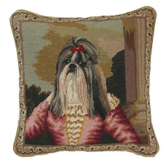 Needlepoint Hand-Embroidered Wool Throw Pillow Exquisite Home Designs Shih Tzu background grosspoint