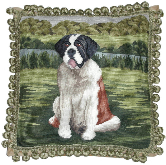 Needlepoint Hand-Embroidered Wool Throw Pillow Exquisite Home Designs St Bernards with tassels