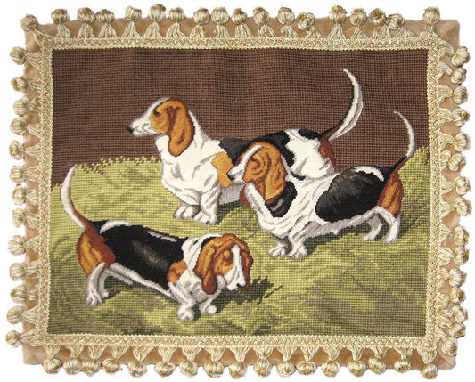 Needlepoint Hand-Embroidered Wool Throw Pillow Exquisite Home Designs 3 Basset Hount on background with tassels
