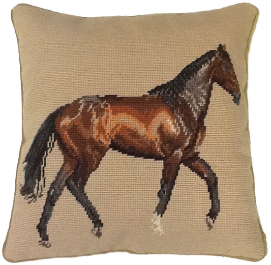 Needlepoint Hand-Embroidered Wool Throw Pillow Exquisite Home Designs brown horse