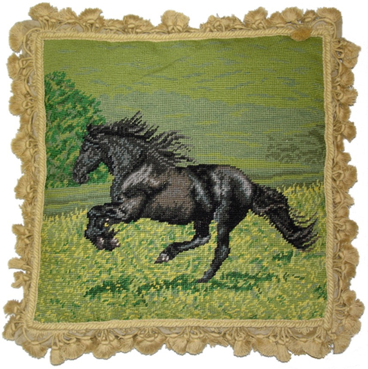 Needlepoint Hand-Embroidered Wool Throw Pillow Exquisite Home Designs Black horse with tassels grosspoint